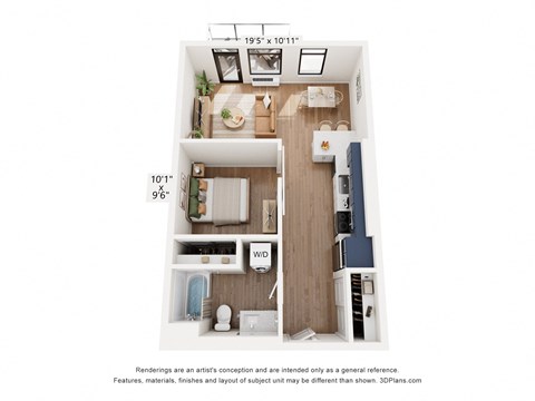 Floor plan for 1 bed, 1 bath, 595 sqft